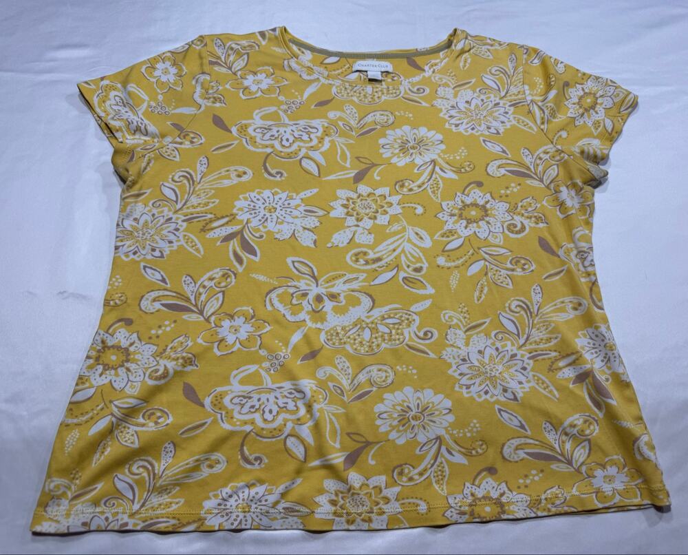 Charter Club Womens Large 100% Pima Cotton Tee Cap Sleeves Yellow Floral Paisley
